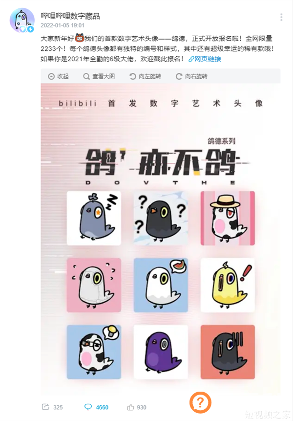 B站入局NFT！首款数字艺术头像“鸽德”公布：限量2233个